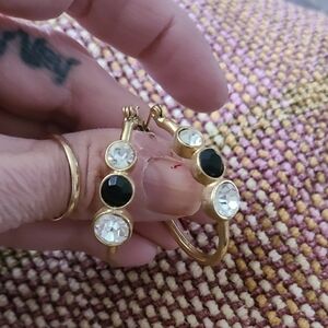 Elegant Gold W/Black & Clear Crystal Long Hoop Earrings